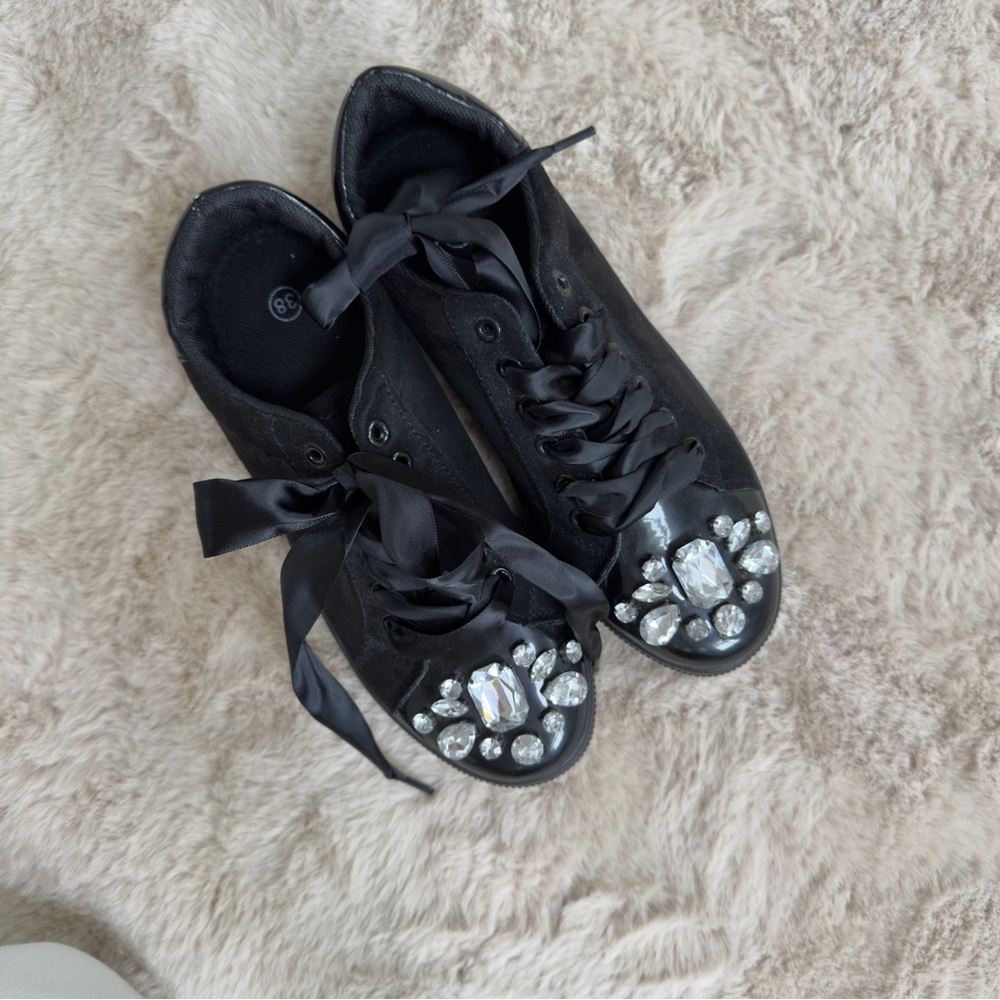 Size 8 ( or 7 ) / NEW / Black Suede Sneakers with Crystal Embellishments